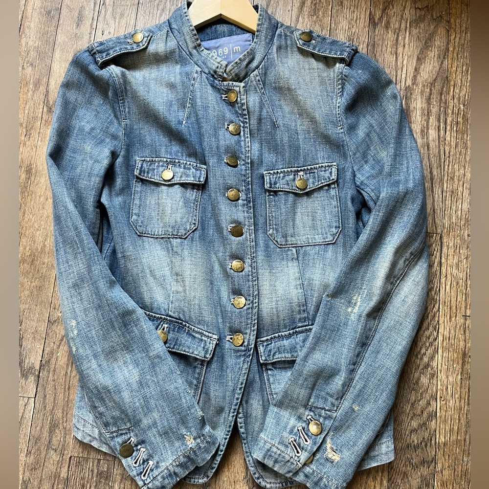 GAP Blue and Gold Jean Jacket with Military-Inspired Design